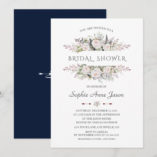 Elegant White Flowers Frame Navy Bridal Shower Invitation (Front/Back)