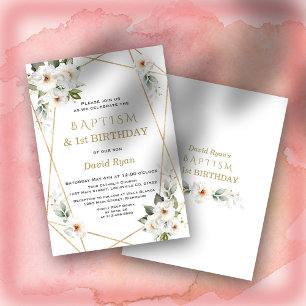 Elegant White Flowers Gold Baptism 1st Birthday Invitation
