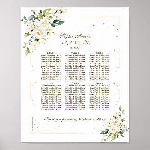 Elegant White Flowers Gold Baptism Seating Chart