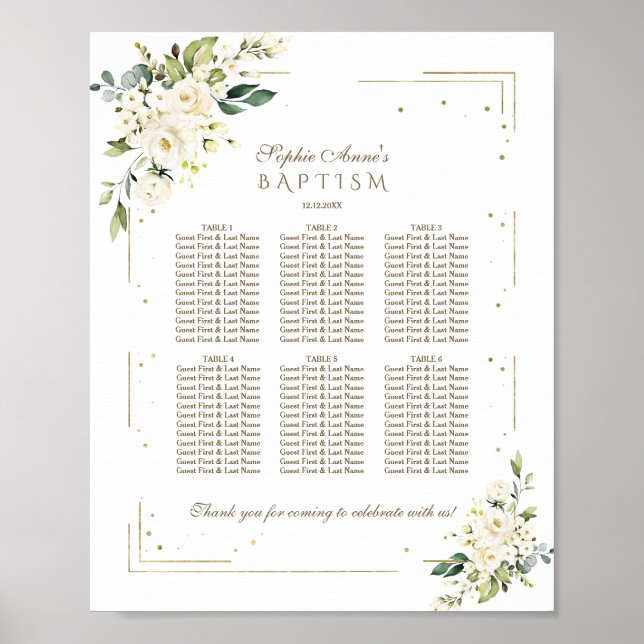 Elegant White Flowers Gold Baptism Seating Chart (Front)