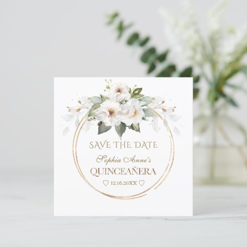 Elegant White Flowers Gold Birthday Quinceaera Save The Date
