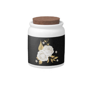 Elegant white flowers gold black  candy jar