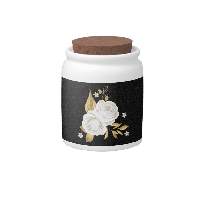 Elegant white flowers gold black  candy jar (Front)