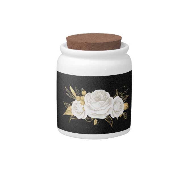 Elegant white flowers gold black  candy jar (Front)