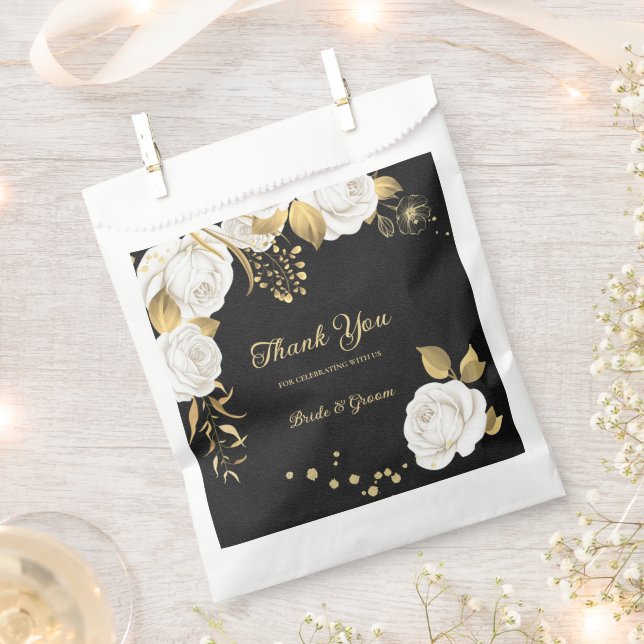 Elegant white flowers gold black wedding favor bag (Clipped)