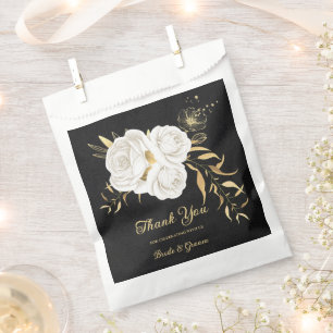 Elegant white flowers gold black wedding favor bag