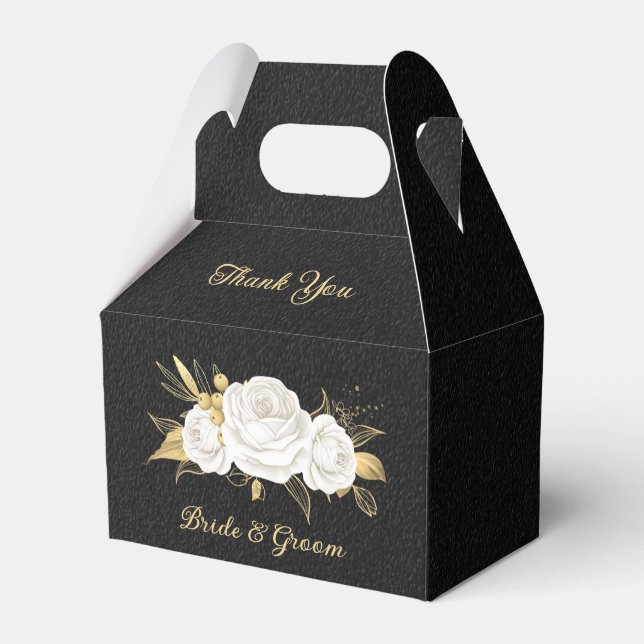 Elegant white flowers gold black wedding favor boxes (Front Side)