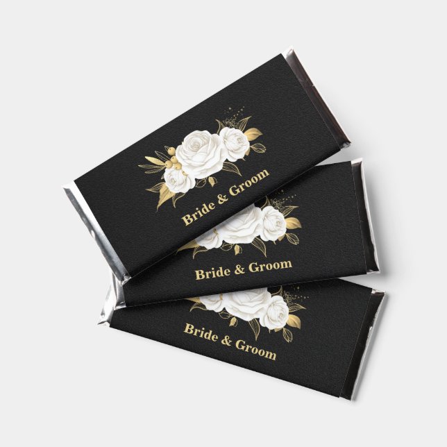 Elegant white flowers gold black wedding hershey bar favors (Front)