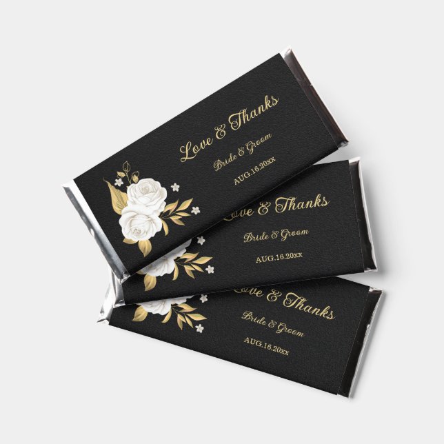 Elegant white flowers gold black wedding hershey bar favors (Front)