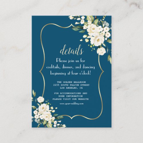 Elegant White Flowers Gold Blue Wedding Details Enclosure Card