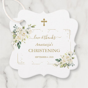 Elegant White Flowers Gold Confetti Christening Favor Tags