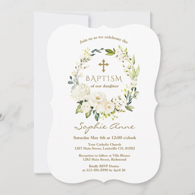 Elegant White Flowers Gold Cross Baptism Invitation (Front)