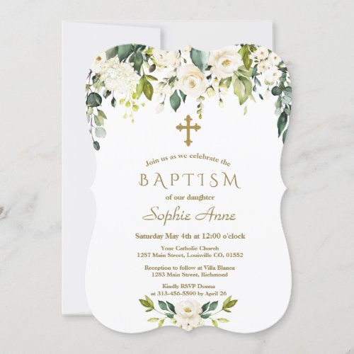 Elegant White Flowers Gold Cross Baptism Invitation
