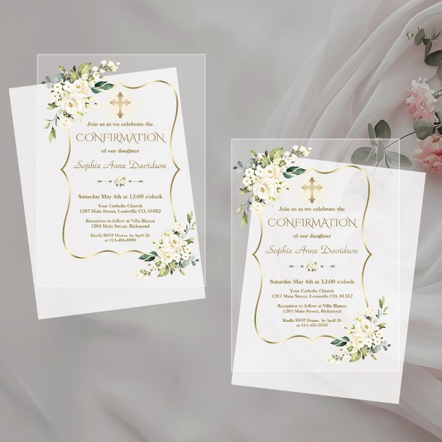 Elegant White Flowers Gold Cross Confirmation  Acrylic Invitations (Creator Uploaded)