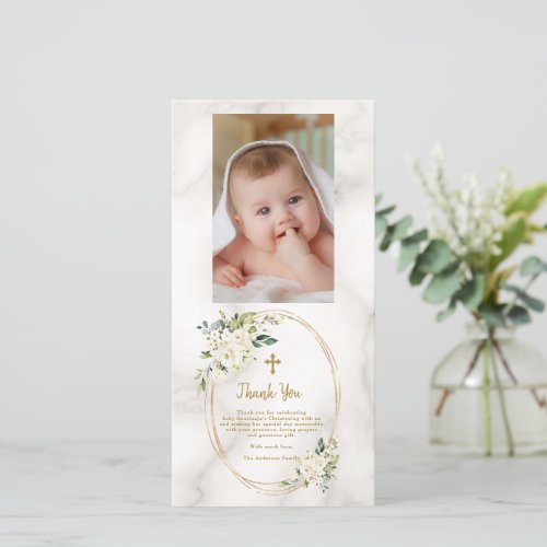 Elegant White Flowers Gold Cross Photo Christening Thank You Card