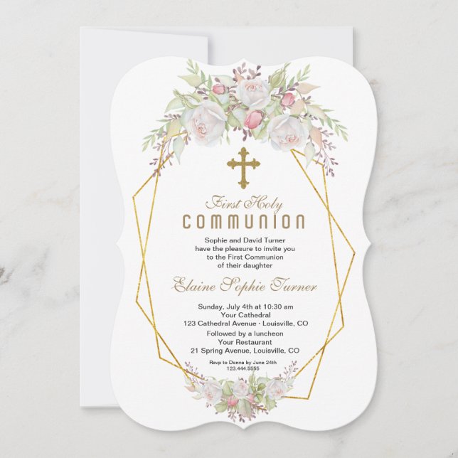 Elegant White Flowers Gold First Holy Communion Invitation (Front)
