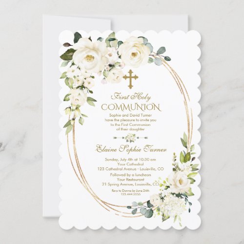 Elegant White Flowers Gold First Holy Communion Invitation