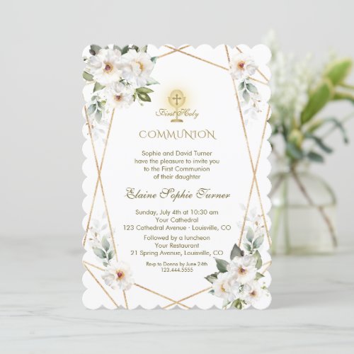 Elegant White Flowers Gold First Holy Communion Invitation