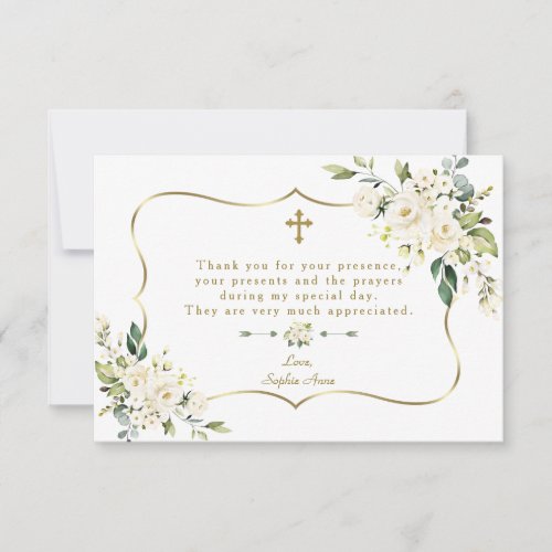 Elegant White Flowers Gold Frame Girl Baptism Thank You Card