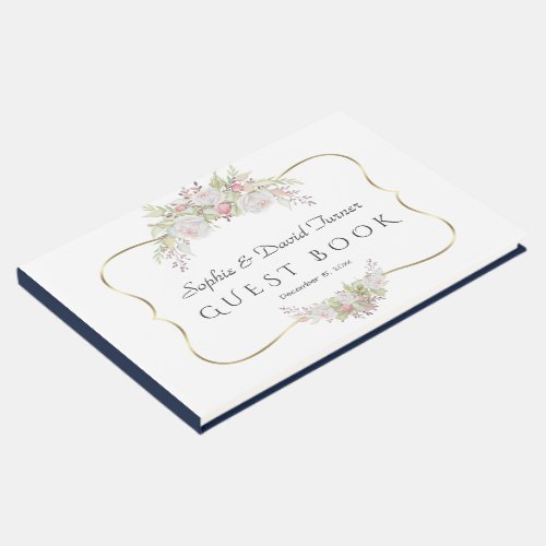 Elegant White Flowers Gold Navy Blue Wedding Guest Book