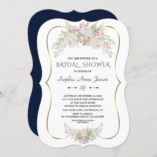 Elegant White Flowers Gold Navy Bridal Shower Invitation