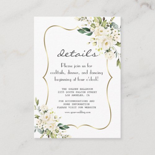 Elegant White Flowers Gold Navy Wedding Details Enclosure Card