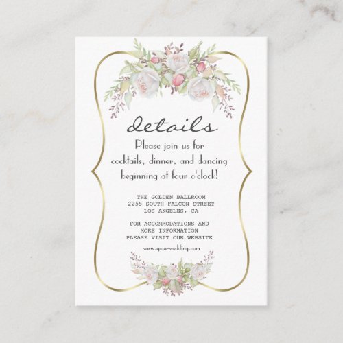 Elegant White Flowers Gold Navy Wedding Details Enclosure Card