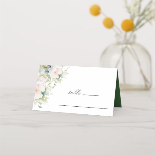 Elegant White Flowers Greenery Floral Wedding  Place Card