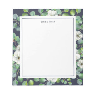 Elegant White Flowers Greenery Name Notepad