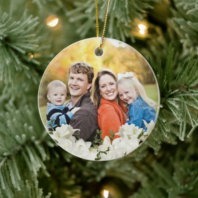 Elegant White Flowers in Glass Family Photos Ceramic Ornament (Tree)