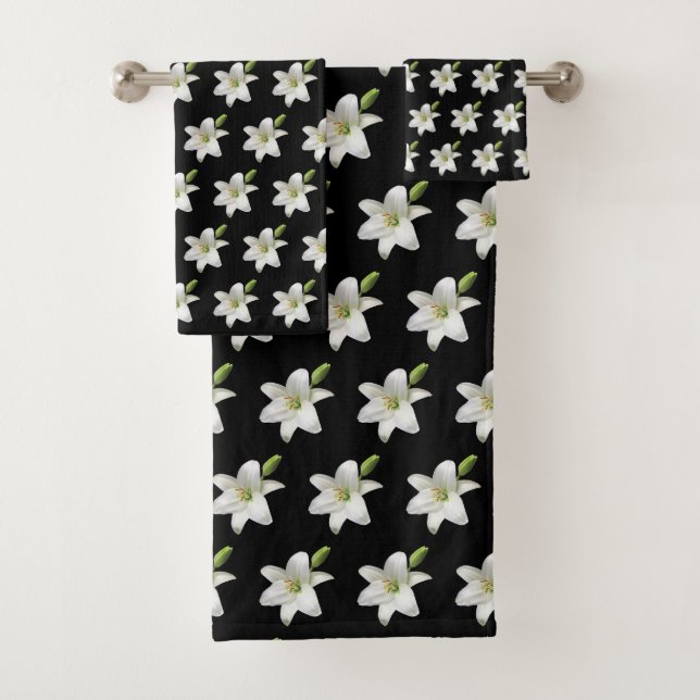 Elegant White Flowers on Black Bath Towel Set (Insitu)