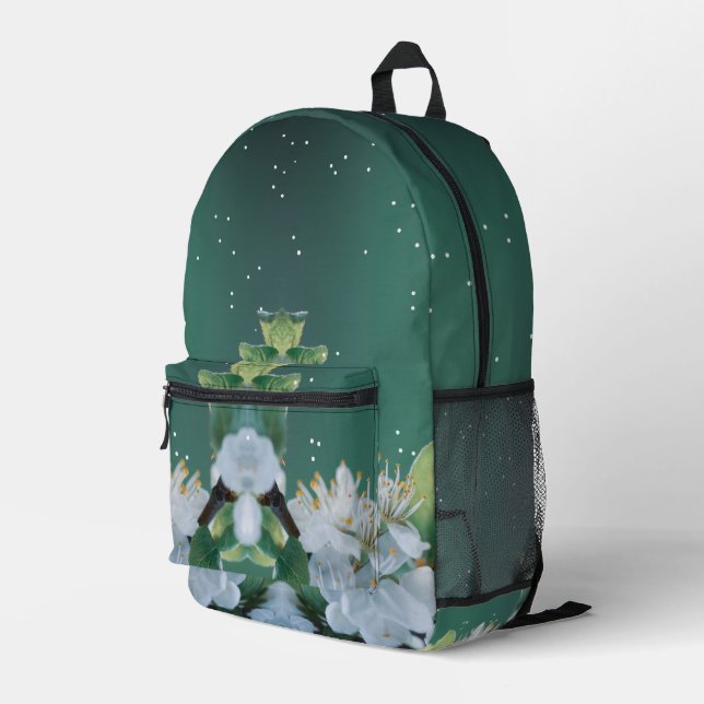 Elegant White Flowers on Light Green Botanical Tot Printed Backpack (Back Corner Right)