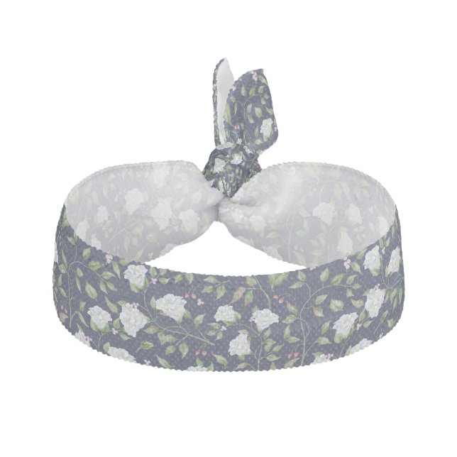 Elegant White Flowers Pattern Ribbon Hair Tie (Front)