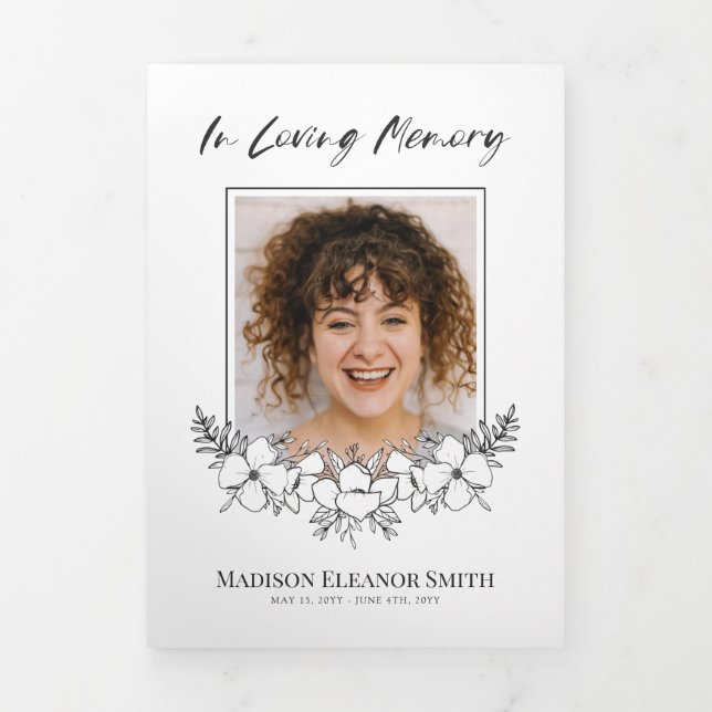 Elegant White Flowers Photo Funeral Tri-Fold Program (Cover)