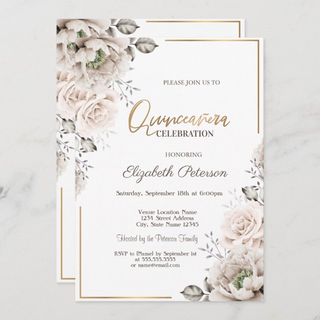 Elegant White Flowers Quinceañera Invitation (Front/Back)