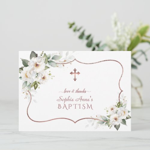 Elegant White Flowers Rose Gold Frame Baptism   Thank You Card