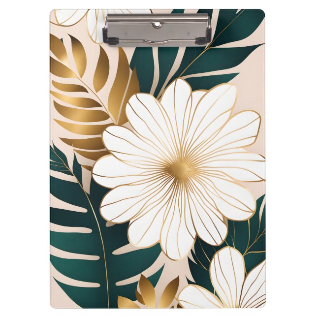 Elegant White Flowers with Green and Gold Foliage Clipboard (Front)