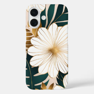 Elegant White Flowers with Green & Gold Foliage iPhone 16 Case