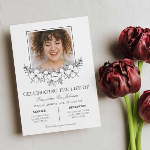 Elegant White Flowers With Photo Memorial Funeral Invitation