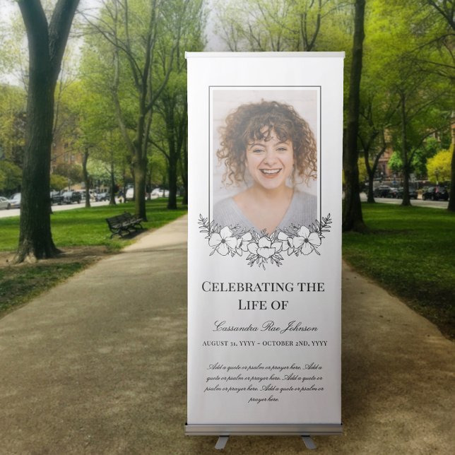 Elegant White Flowers With Photo Memorial Funeral Retractable Banner (Creator Uploaded)