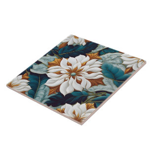 Elegant White Flowers With Teal Leaves in Bloom Ceramic Tile