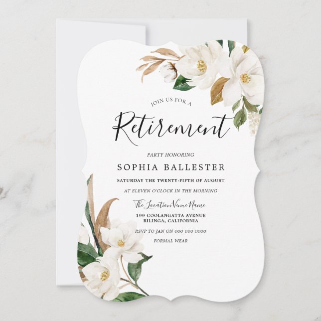 Elegant White Flowers Womans Retirement Party Invitation (Front)