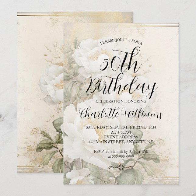 Elegant white Flowers Women's 50th Birthday Invitation (Front/Back)