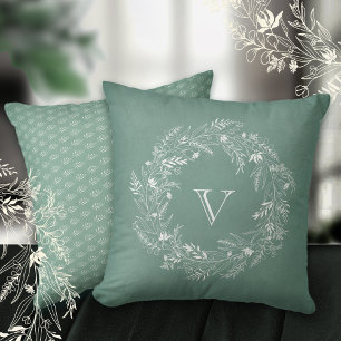 Elegant white foliage wreath letter V Throw Pillow