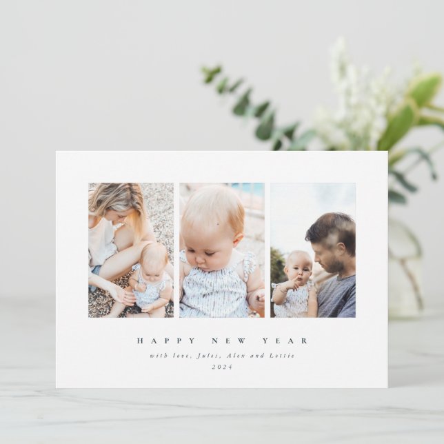 Elegant White Frame 3 Photo Happy New Year Holiday Card (Standing Front)