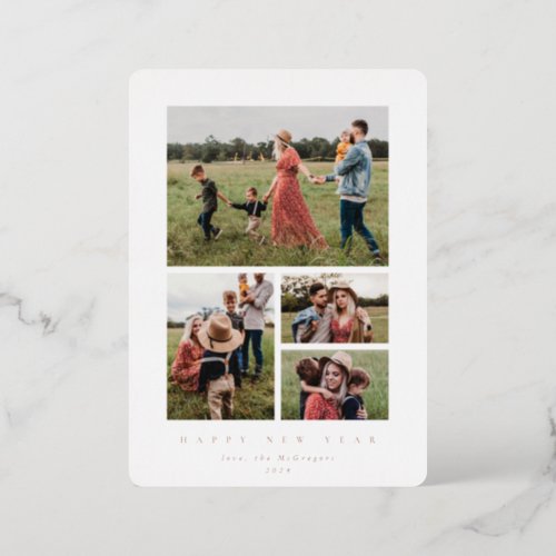 Elegant White Frame 4 Photo Happy New Year Foil Holiday Card