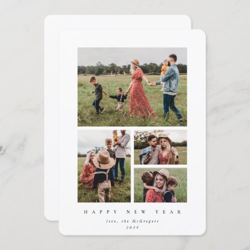 Elegant White Frame 4 Photo Happy New Year Holiday Card