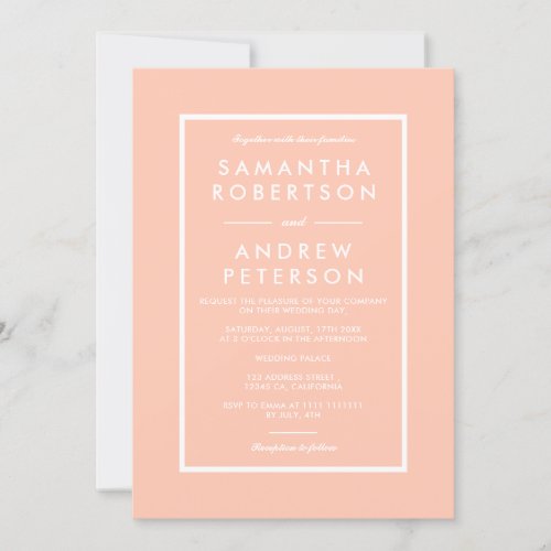 Elegant white frame simple peach salmon wedding invitation