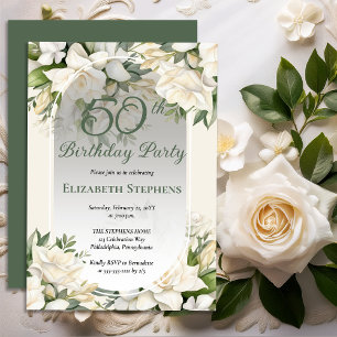 Elegant White Gardenia Floral 50th Birthday Party Invitation