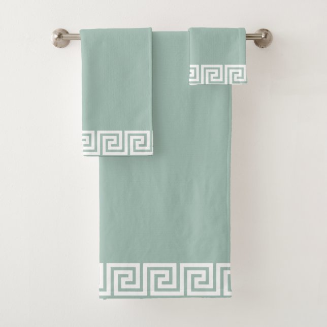 Elegant White Geometric Frame on Light Green Bath Towel Set (Insitu)